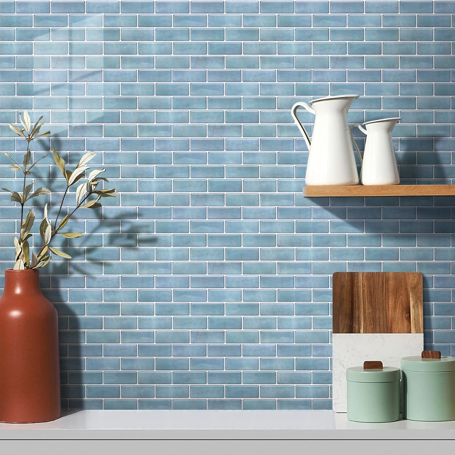 6/12/24PCS 30x15CM Sky Blue Glossy PET Self-Adhesive Tile Wall Stickers, Flat Peel and Stick, Waterproof, Kitchen, Bathroom