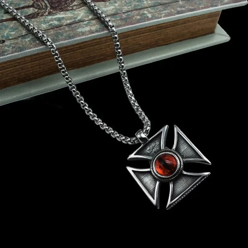 Classic Exquisite Retro Red Zircon Devil\'s Eye Cross Pendant Necklace Men\'s Trend Hip Hop Punk Jewelry Gift Wholesale