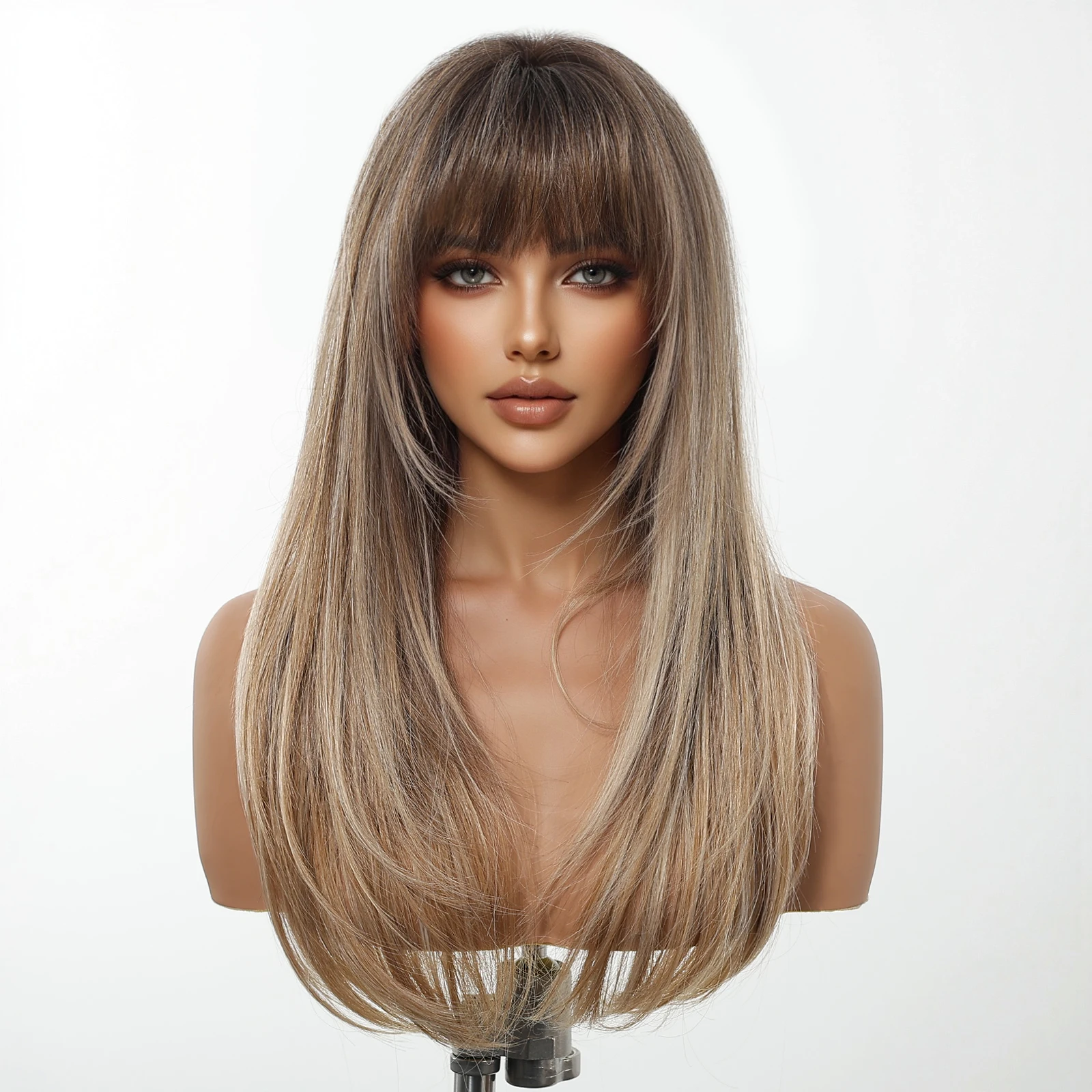 HENRY MARGU Brown Natural Layered Synthetic Wig with Bangs Long Straight Daily Wig for Women Heat Resistant Fake Hair Party Use