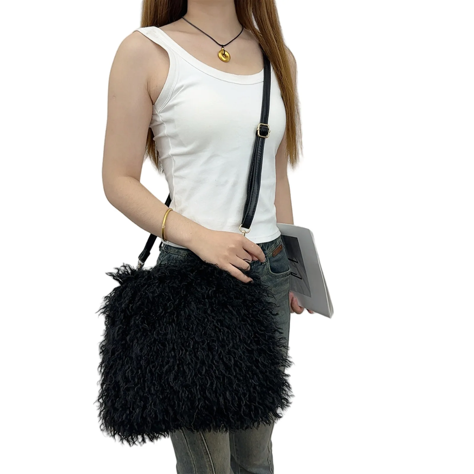 2025 New European American Y2 Hot Girl Faux Sheep Fur Crossbody Bag, Women Fluffy Warm Hand Bag Single Shoulder Purse