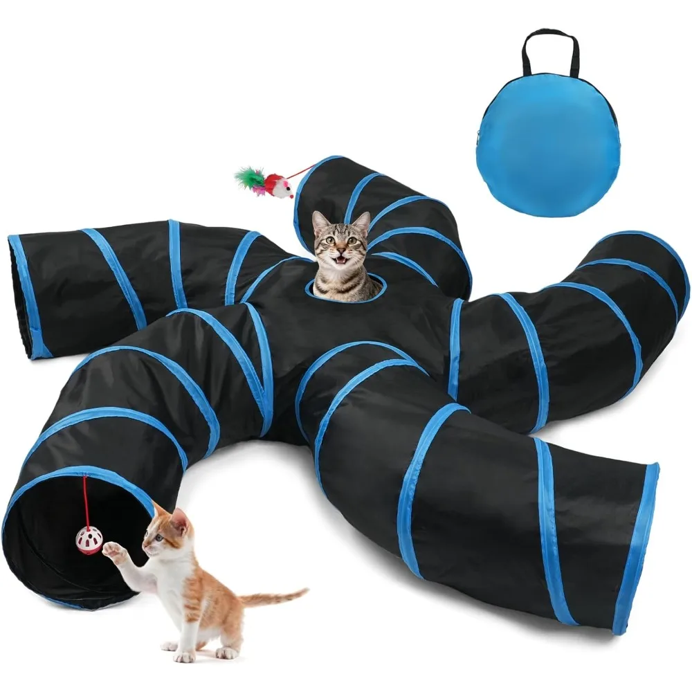 

5-Way Cat Tunnel – S-Shape Collapsible Tube with Bell Ball & Mouse for Cats & Small Pets – Blue & Black