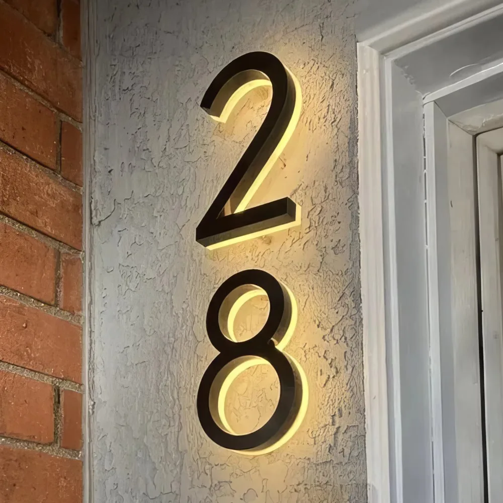 Metal 3D LED Exterior House Numbers Modern Home Door Plate Light Backlit Signs Outdoor Waterproof Number Plaque Free Transformer