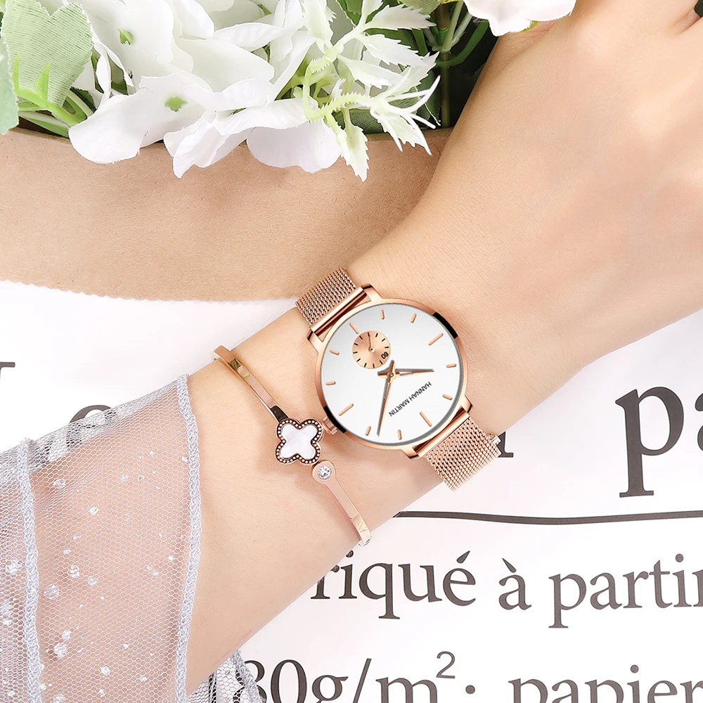 HANNAH MARTIN Top Brand Women Watch 1335 Timing Subdial Stainless Steel Mesh Quartz Movement Rose Gold 33mm Gift Watch for Women