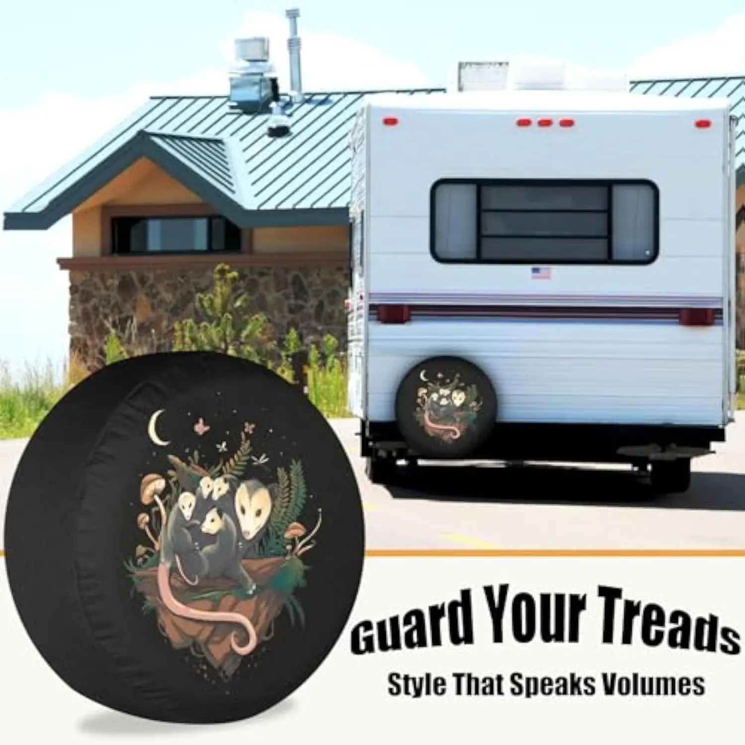 Opossum Family Cottagecore Night Scene Tire Cover For Trailer RV SUV Truck Camper Spare Wheel Protector