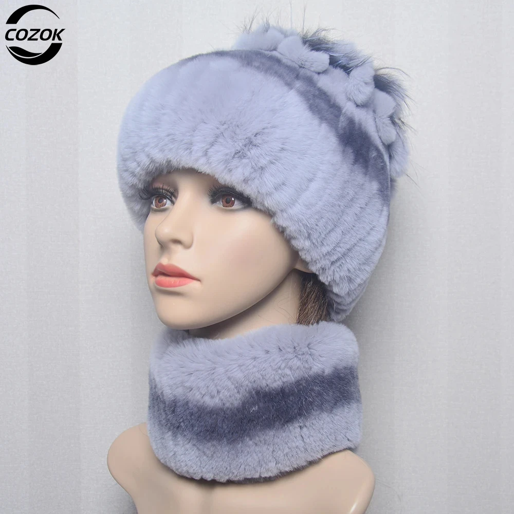 

Hot Sale Women Warm Rex Rabbit Fur Hat Scarf Sets Winter Lady Knit Fur Hats Muffler 2 Pieces Natural Rex Rabbit Fur Cap Scarves