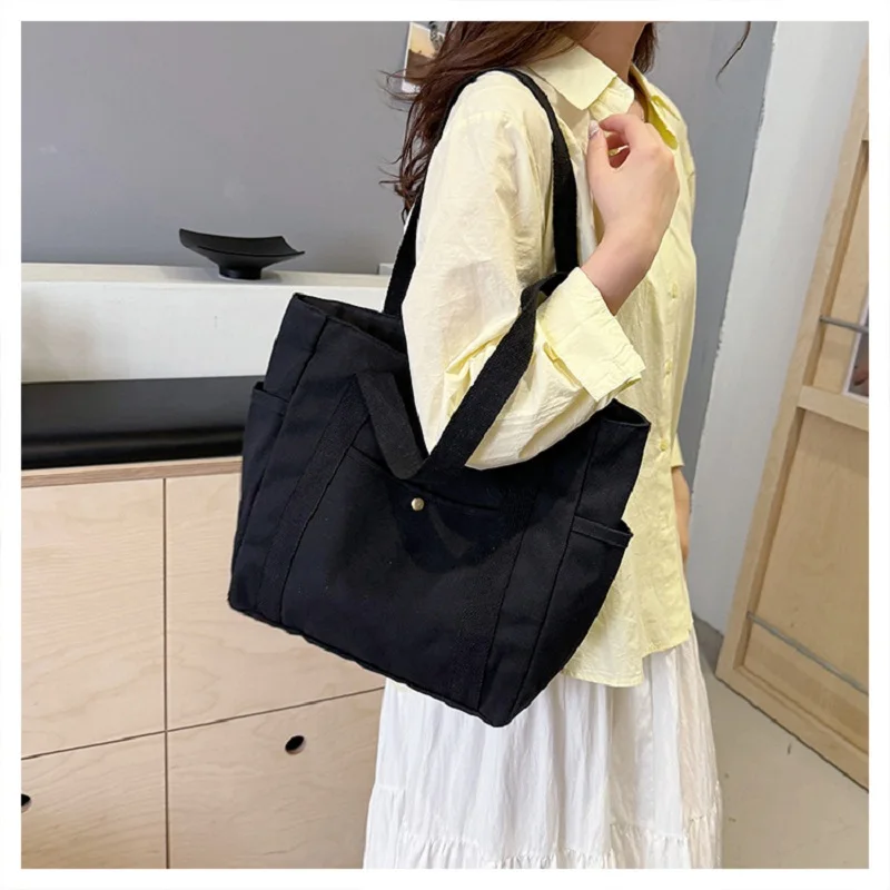 Preppy Style Shoulder Bag Unisex Large Capacity HandBag Casual Versatile Solid Canvas Bag Student Commuting Zipper Square Bag