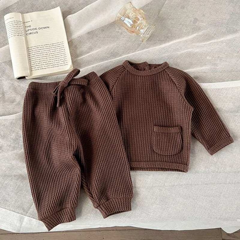 Baby Girl Boy Clothes Newborn Infant Long Sleeve Waffle Fabric Sets Baby Top Pullover and Pant 2Pcs Outsuit Outwear Conjuntos