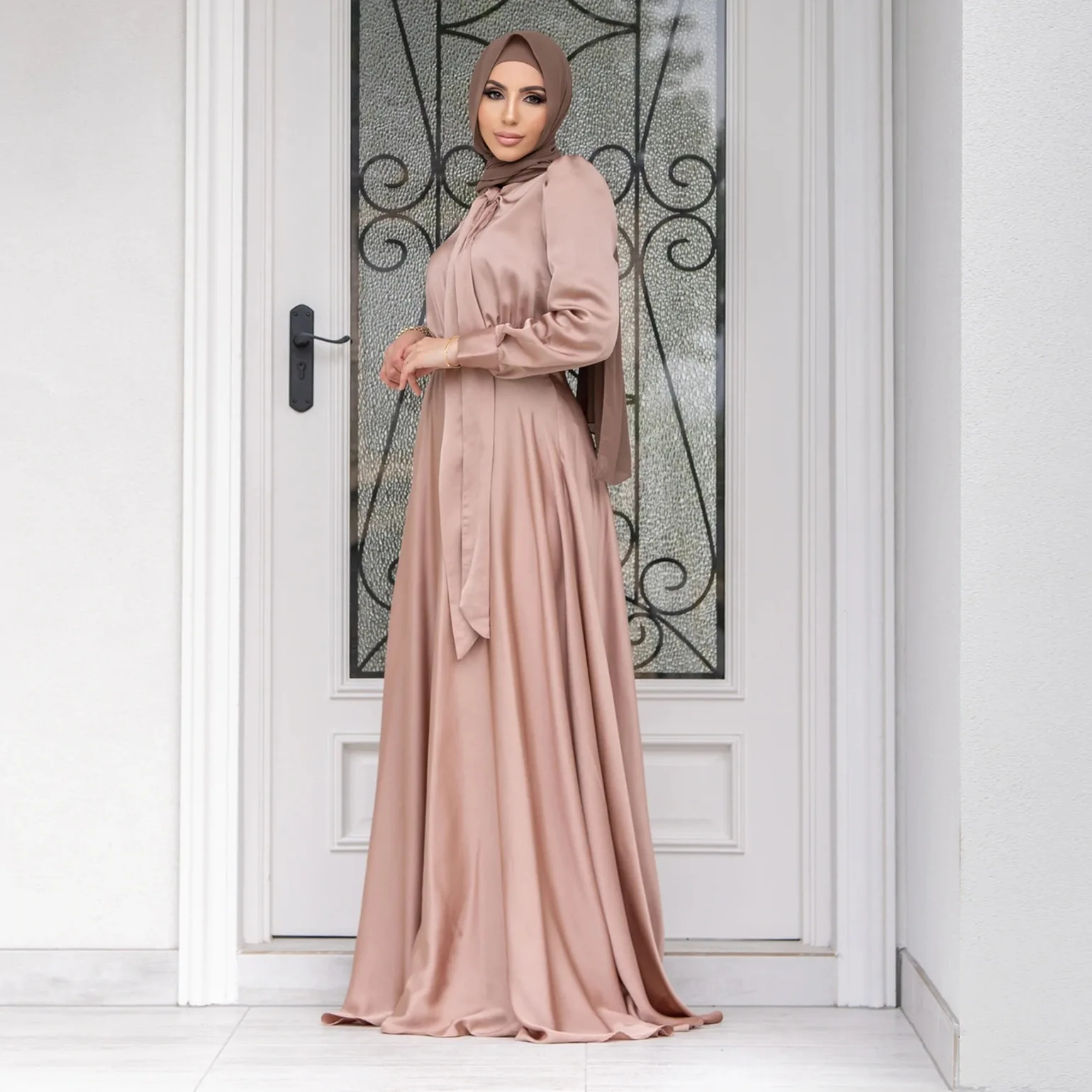 Women Satin Dress Muslim Abaya Solid Color Women Dress Long Sleeve Pullover Europe Fashion Muslim Dress Fashion Robe Vestidos