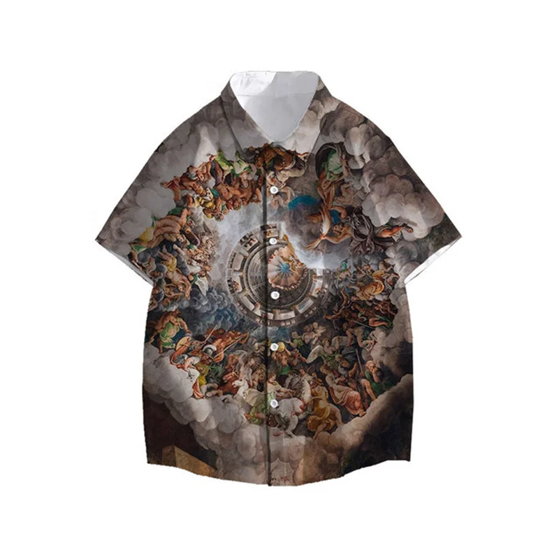 Vintage European mural printed shirt Hawaii summer men's short sleeved shirt Oil painting aesthetics Women's casual beach top