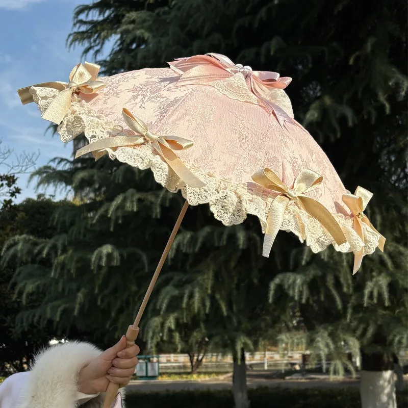 Vintage Pink Gold Lace Lolita Parasol Wedding Bridal Umbrella Tea Party Photography Prop Cosplay Decorative Floral Umbrella