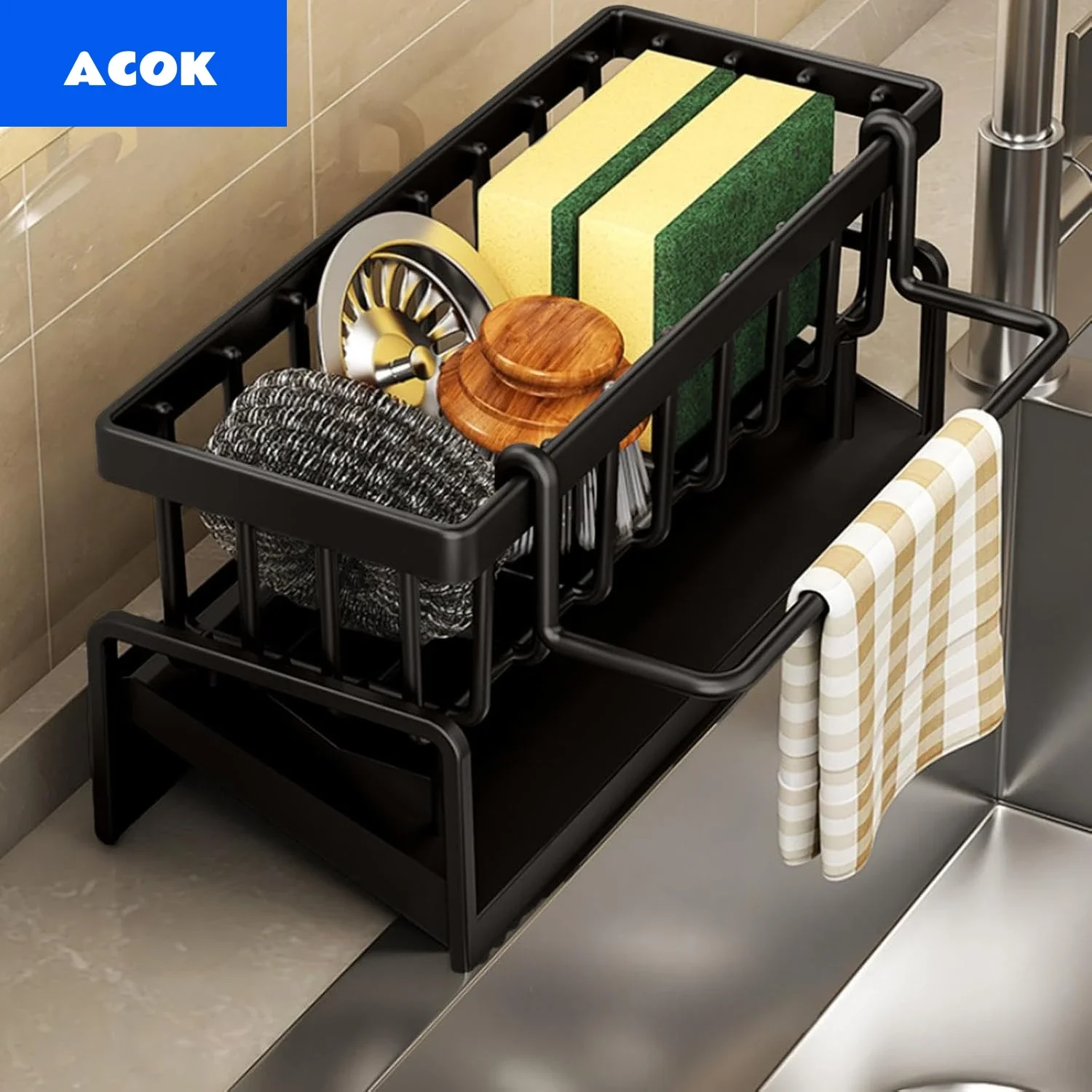 Integrated kitchen sink storage rack, equipped with self-draining tray and hanging rods - for placing sponges, soap dispensers,