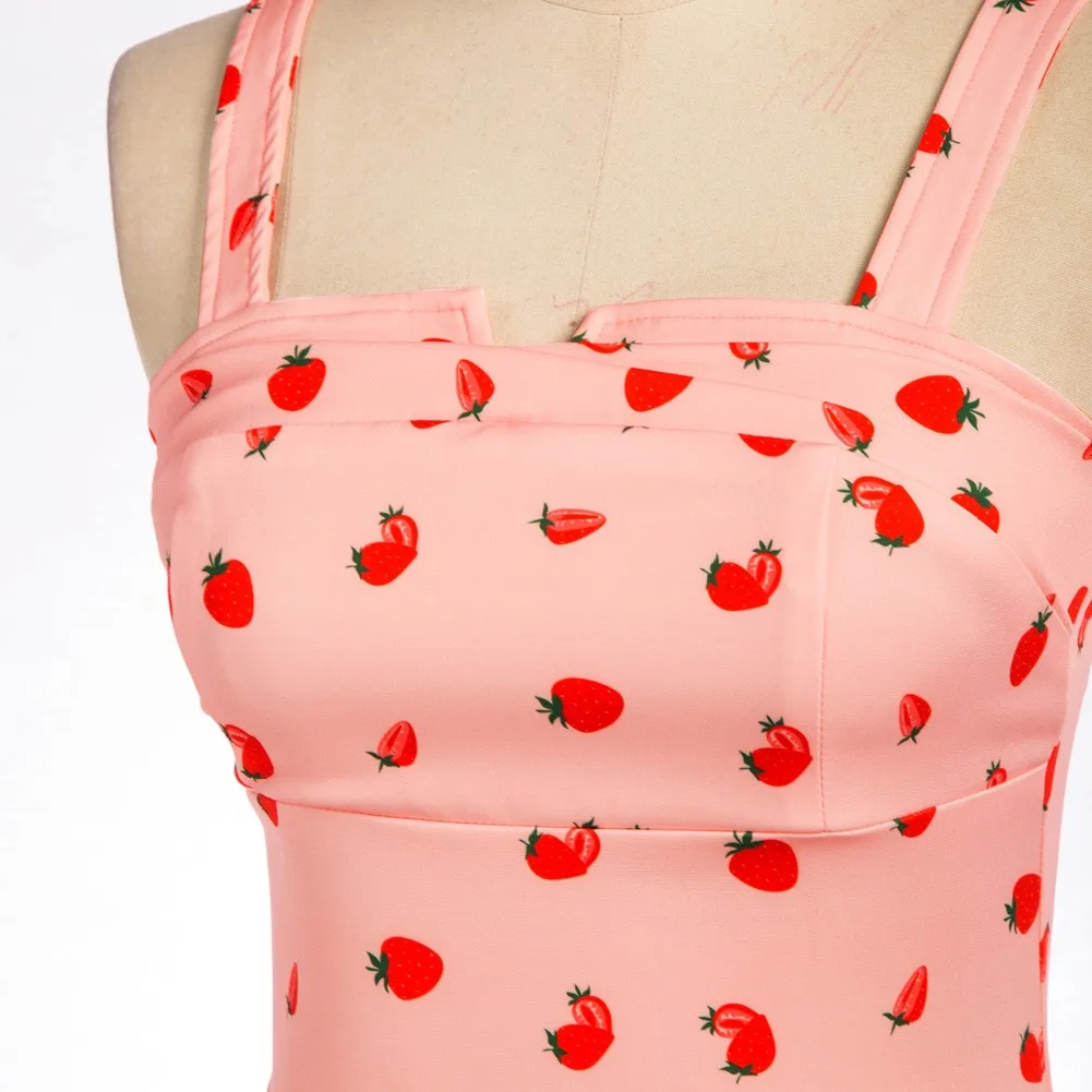 BP Women 1950S Vintage Cherries Print Tops Wide Straps Smocked Back Slim Fit Tank Top 1950s Pin Up Style Summer Blouse A20