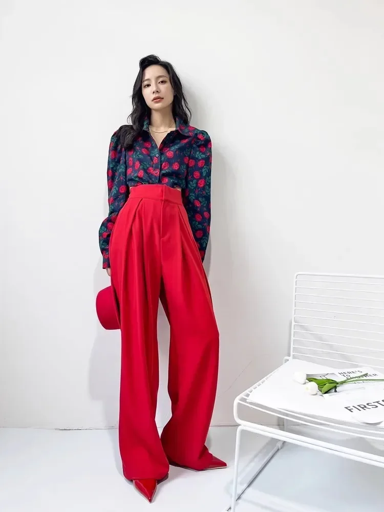 Fashion streetwear 2024 New Spring Autumn High quality High-Waisted Red Wide-Leg Pants for Women with Draping Silhouette Pants