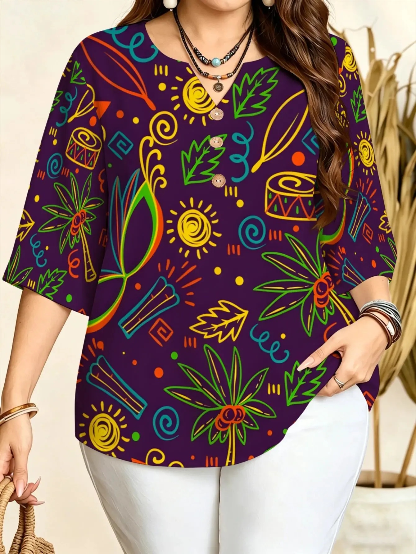 Vintage Boho Tropical Oil Painting Floral 3D Print Women Blouse Notch V Neck Half Button 3/4 Sleeve Daily Casual Tops
