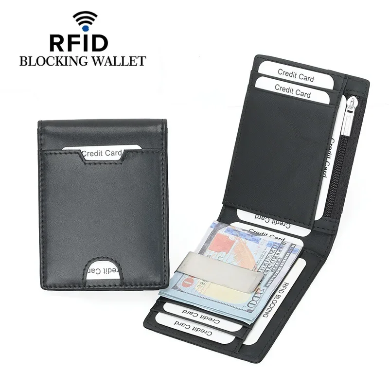 Genuine Leather RFID Blocking Money Clip Men's Wallet Carbon Fiber Purse With Zipper Coin Pocket Credit Card Case Bag ID Holder