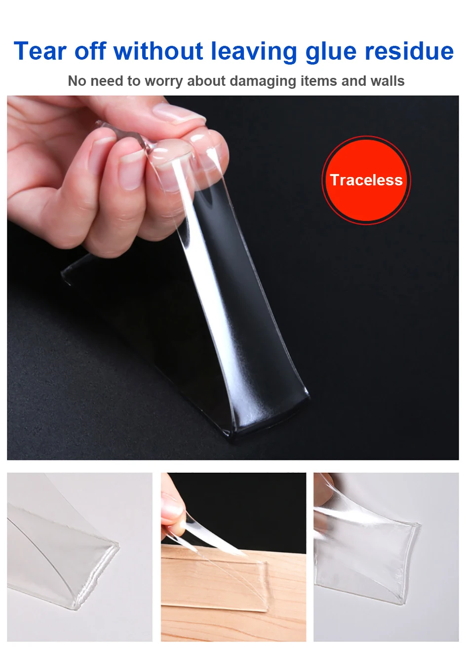 1–10 m transparentes, wiederverwendbares Montageband, 20–50 mm, spurloses, extrem stark klebendes Nano-Klebeband, hochviskoses doppelseitiges Klebeband – Detail 1