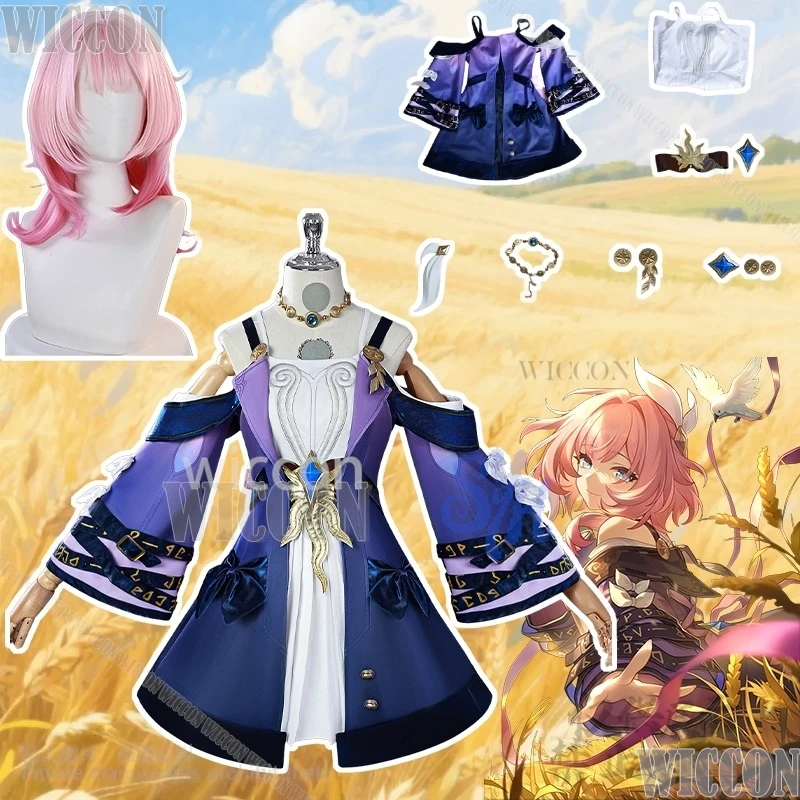 

Kawaii Japanese Girls Cyrene Honkai Star Rail Cosplay Clothes Deep Purple Mini Dress Pink Wig Halloween Party Carnival Outfit