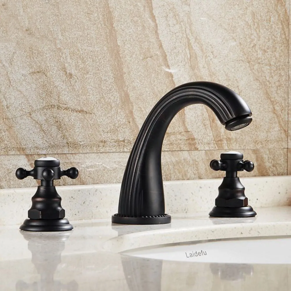 Black Oil Rubbed Bronze Dual Handle Widespread Bathtub Mixer Faucet Set Deck Mount Bathroom Tub Basin Sink Faucet Bnf079