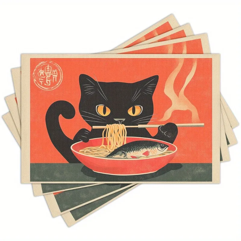 Japanese Style Black Cat Ramen  Cat Eating Noodle Fish Bowl Print Table Mat  Dining Mat for  Cafe Table Fun Art Decor Accessory