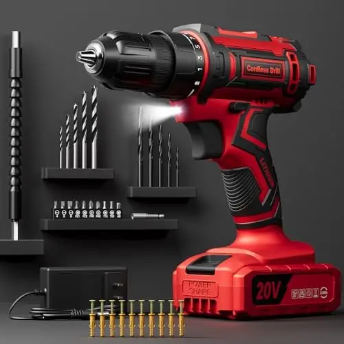 

VIWKO 20V Cordless Drill Set with 2.0Ah Battery, Charger & 42pc Bits – Red