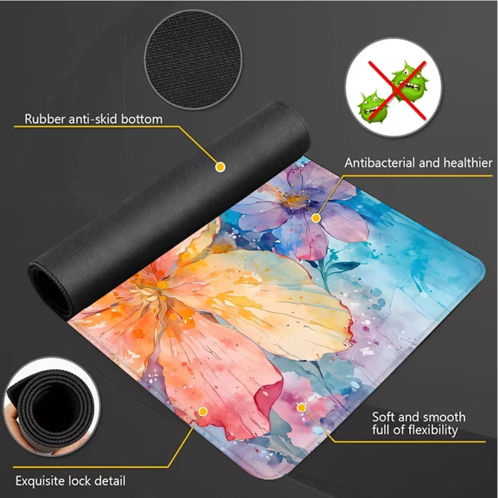 لوحة ماوس ملونة على شكل زهور، ملحقات مكتبية كبيرة، قاعدة مطاطية مع لوحة ماوس بحافة مخيطة، لوحة مفاتيح مضادة للانزلاق للمنزل
