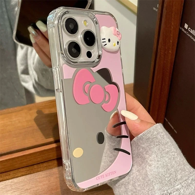 Luxury Cute Hello Kitty Glitter Bow Diamond KT Make Up Mirror Phone Case For iPhone 13 14 15 16 Pro Max Pink Kitty Protect Cover