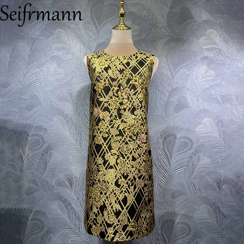 

Seifrmann 2026 Spring Women's clothing New Fashionable Round Neck Sleeveless Jacquard Nail Bead Dress