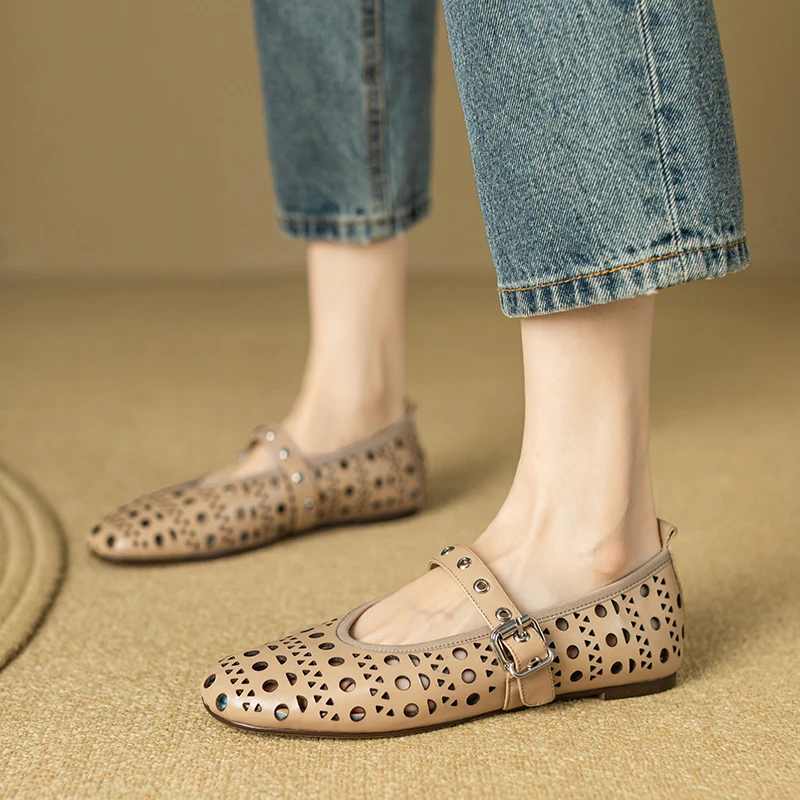 Women's low heel Genuine leather cowhide oversized hollow rivets Mary JaneS breathable  Sandal  Casual Dressy Womens Shoes