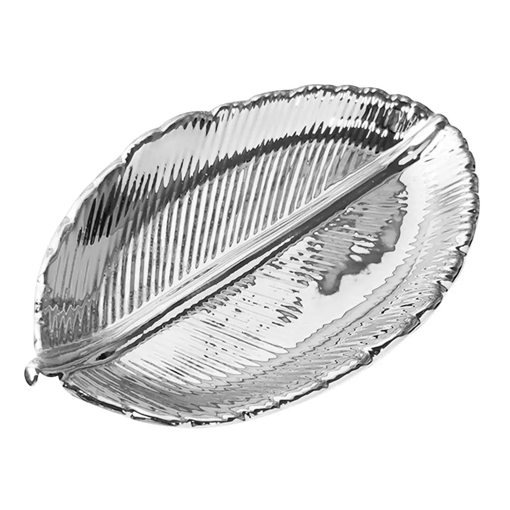 

Decorative Leaf Style Ceramic Jewelry Tray Electroplate Finish Ring Earring Dish Trinket Storage Plate for Desktop Home Office