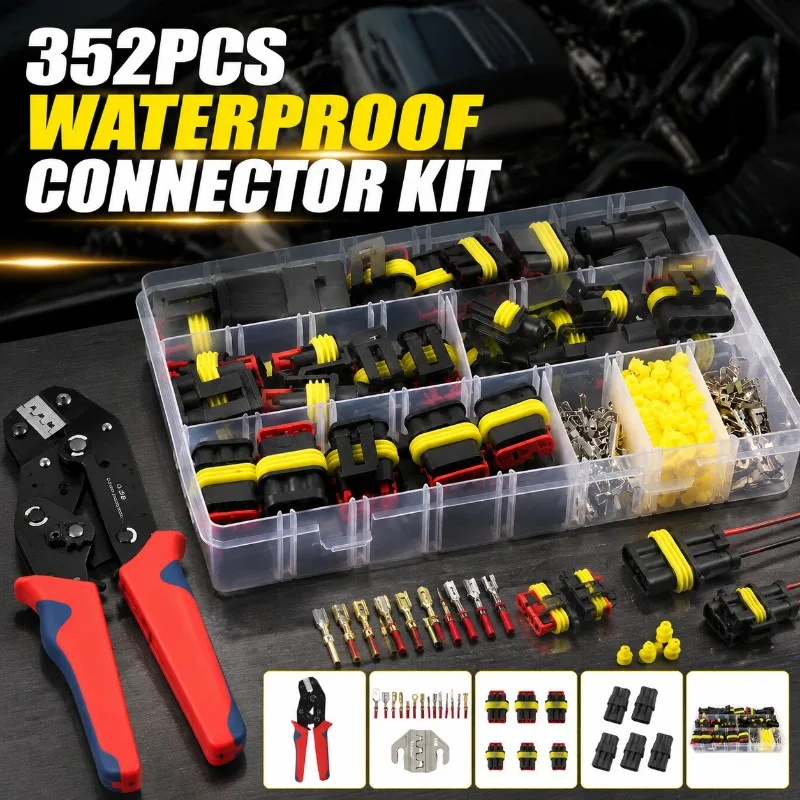 352‑Pcs Automotive Quick‑Disconnect Waterproof‑Terminal Assortment 1‑4‑Pin‑Connector Bundle Matched Ratchet‑Crimp‑Instrument
