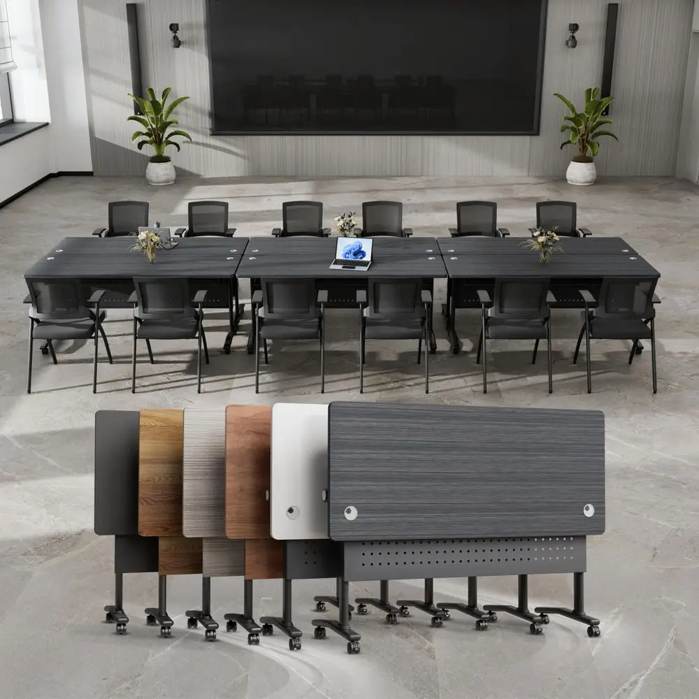 

Table Set of 2 Modular Folding Conference Room Tables on Wheels 5.2 Foot, Mobile Training Table, Modern Large Foldable Meeting