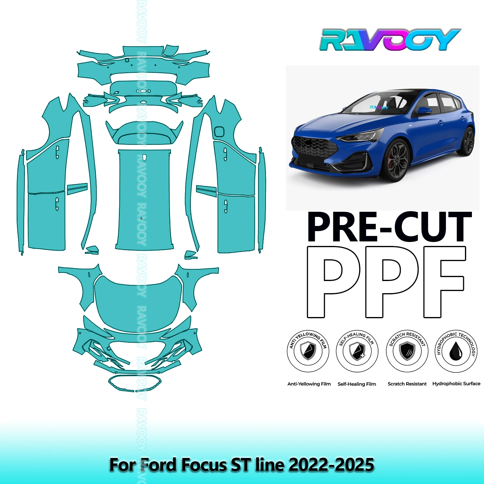 

Car Full Vehicle For Ford Focus ST line 2022-2025 8.5Mil Paint Protection PPF Clear Bra Kit