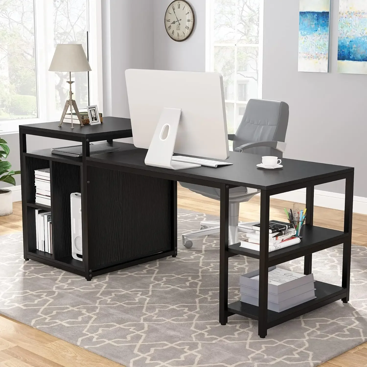 

70-inche Long Large Computer Desk with Storage Shelf, Home Office Desk with Printer Stand & Cabinet Bookcase Combo