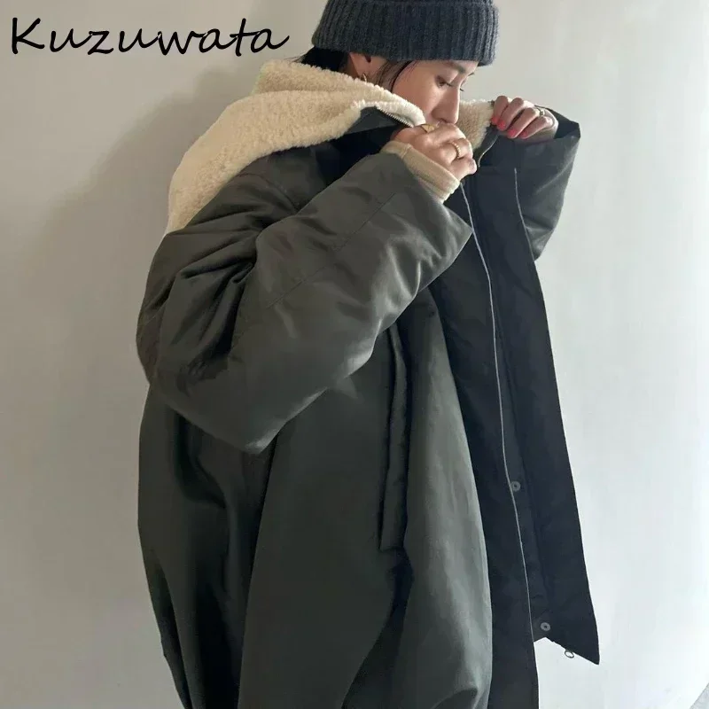 Kuzuwata Long Sleeve Hooded Casual Soft Jacket Zip Slim Fit Loose Button Elegant Parkas Coat Japan New Moda Pocket Outwears