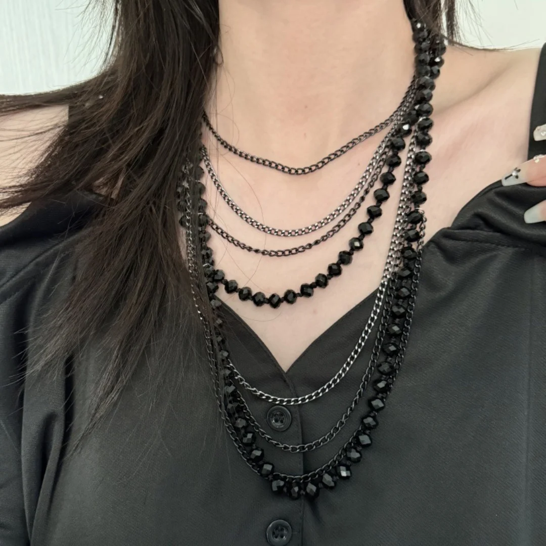 

DUTRIEUX Black Beading Multi-layer Clavicle Chain Necklace For Women Men Stacking Retro Sweater Choker Heavy Industry Jewelry