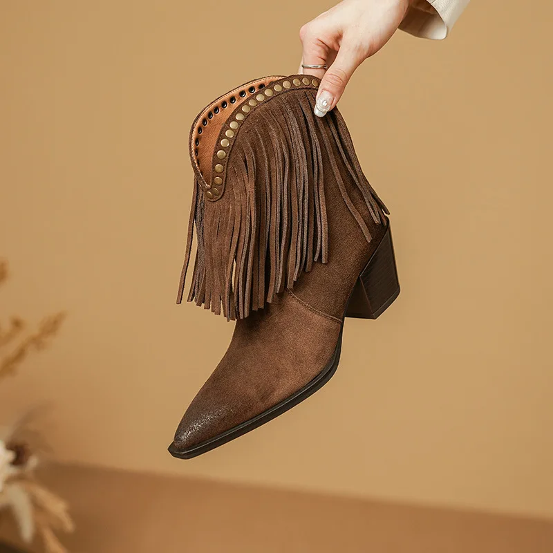 Tassel Mental Decoration Shoes Squar Heel Pointed Toe Boots Shoes Brown Faux Suede Back Zipper-up Boots Women Ankle Short Boots