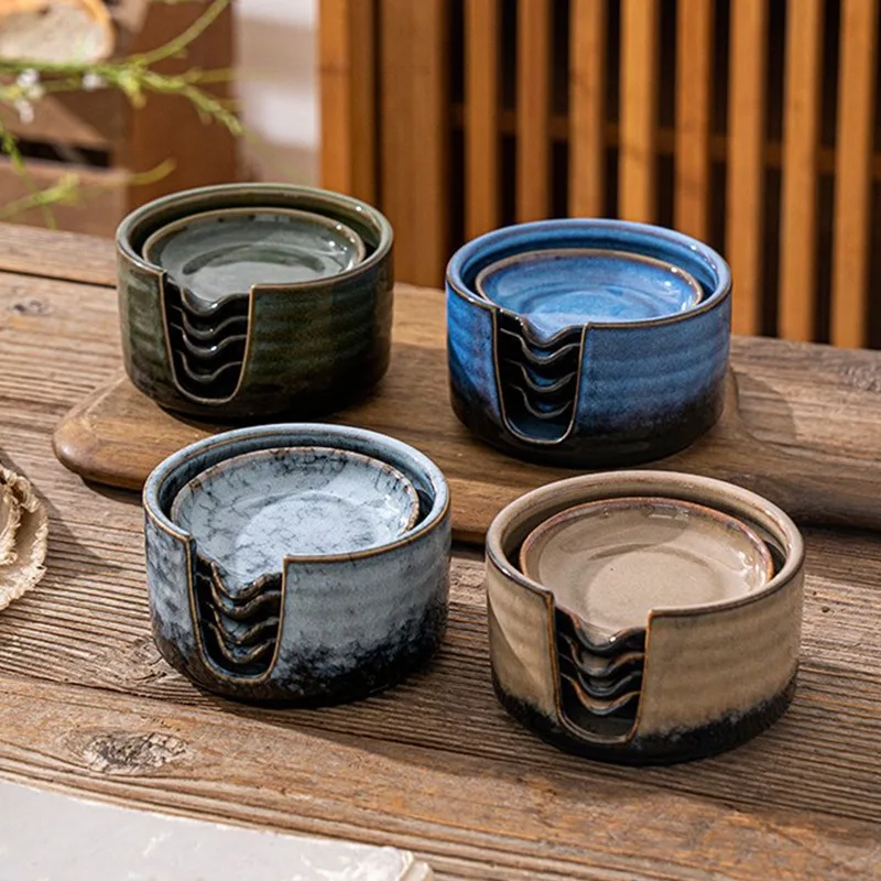 Japan Kiln-fired Ceramic Sauce Dish Set (4 Pcs) Creative Retro Marble Pattern Vinegar Mustard Seasoning Plate Kitchen Tableware