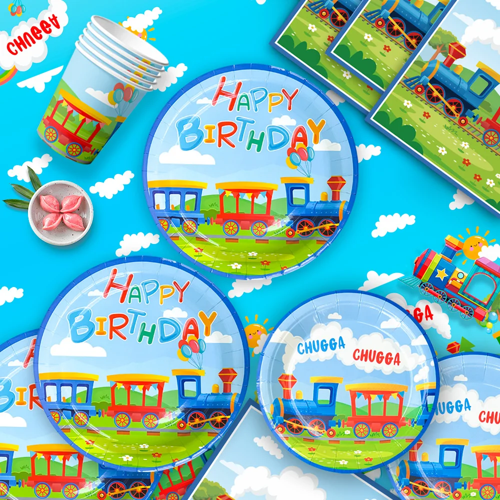 Train Birthday Party Supplies,66pcs Decorations Tableware Set - Train Plates and Cups Napkins & Banner Tablecloth etc