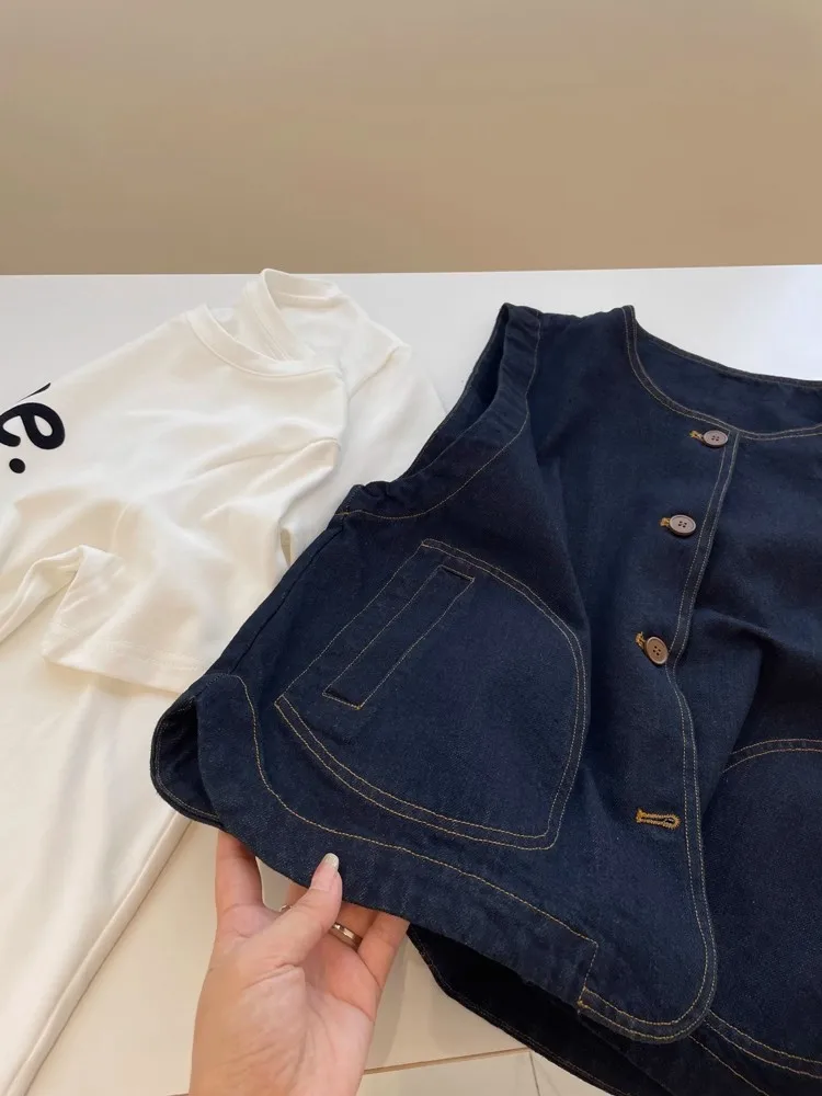 plus Size 300 Pou Retro round Ne Denim Vest Women's Casual Svel Top for Autumn Slimming Layering Commute Sle