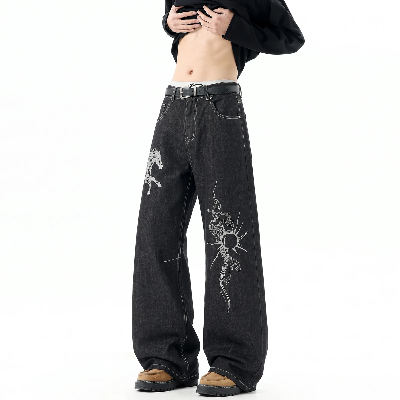 American High Street Printed Original Cow Jeans Men's Women's Loose Wide-leg Straight Trousers  Slightly Elongated Trousers