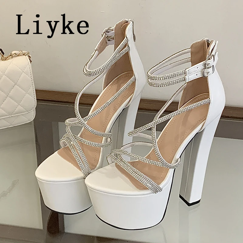 

Liyke Summer Fashion Rhinestone Narrow Band Ankle Strap Sandals Women Open Toe White Chunky Platform High Heels Party Dress Shoe
