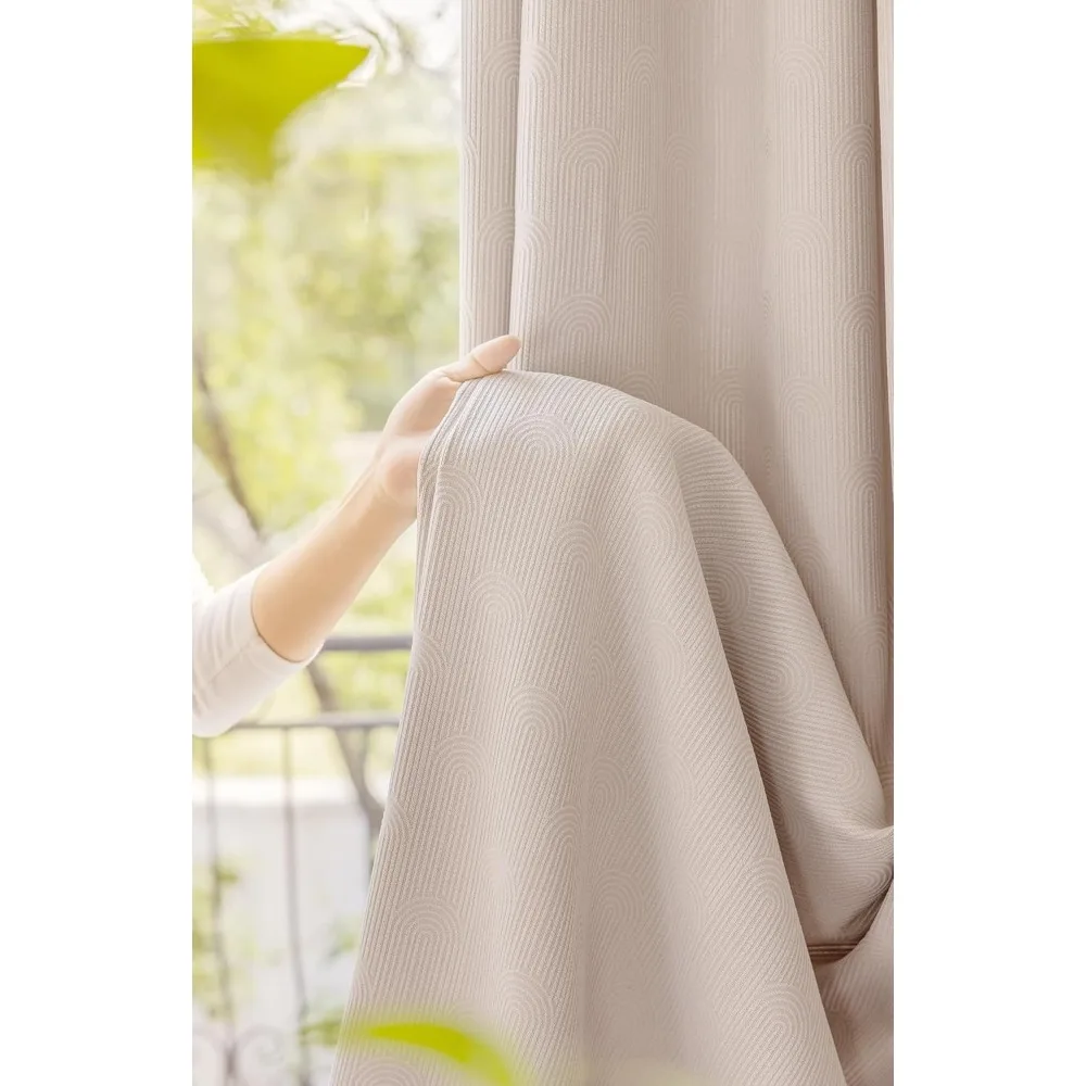 Beige Jacquard Chenille Solid Color Living Room Blackout Curtains, 52x54 Inch, 2 Panels, Privacy & Light Blocking