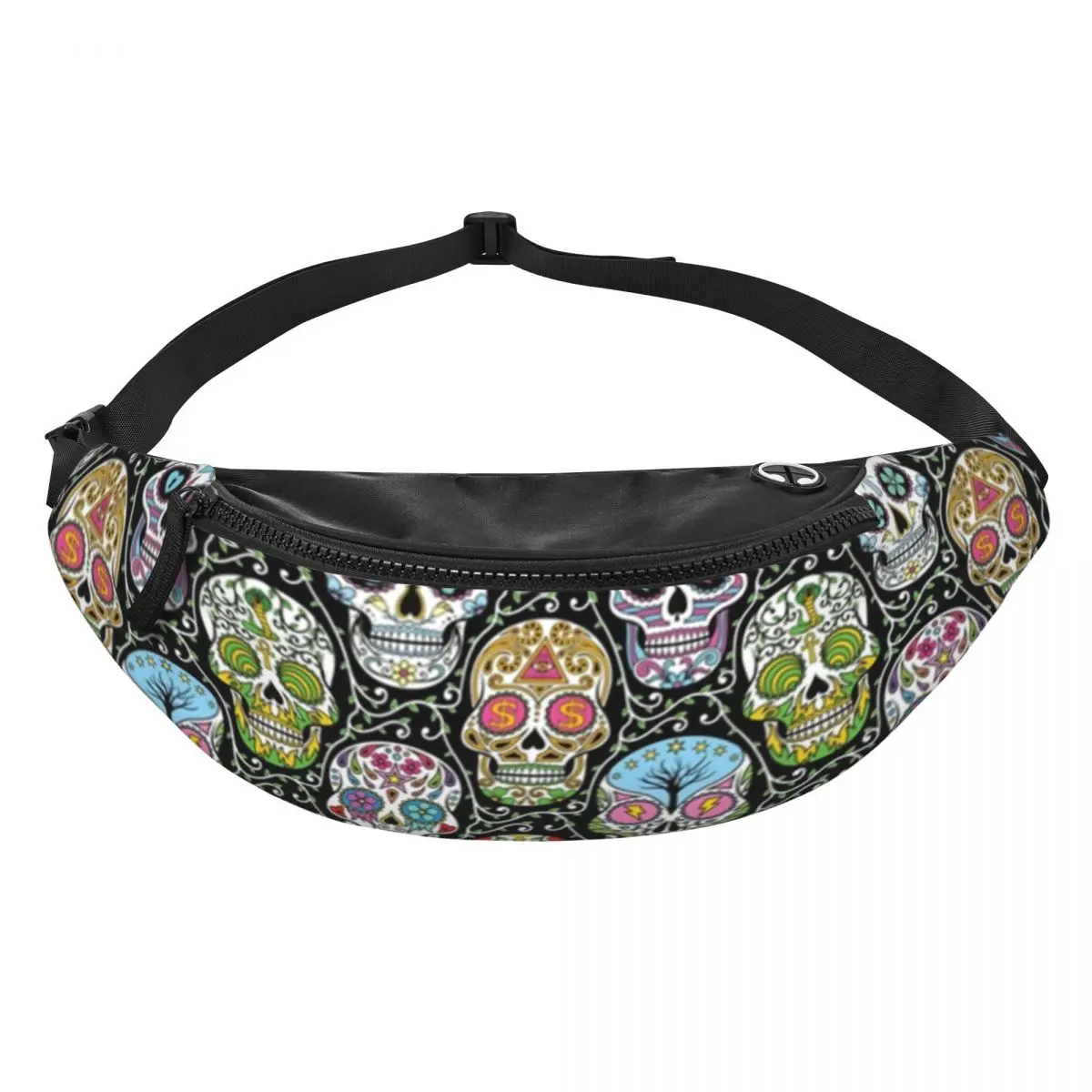 Mexican Skull Flower Pattern Fanny Bag Custom Crossbody Waist Pack Women Men Travel Hiking Phone Money Pouch