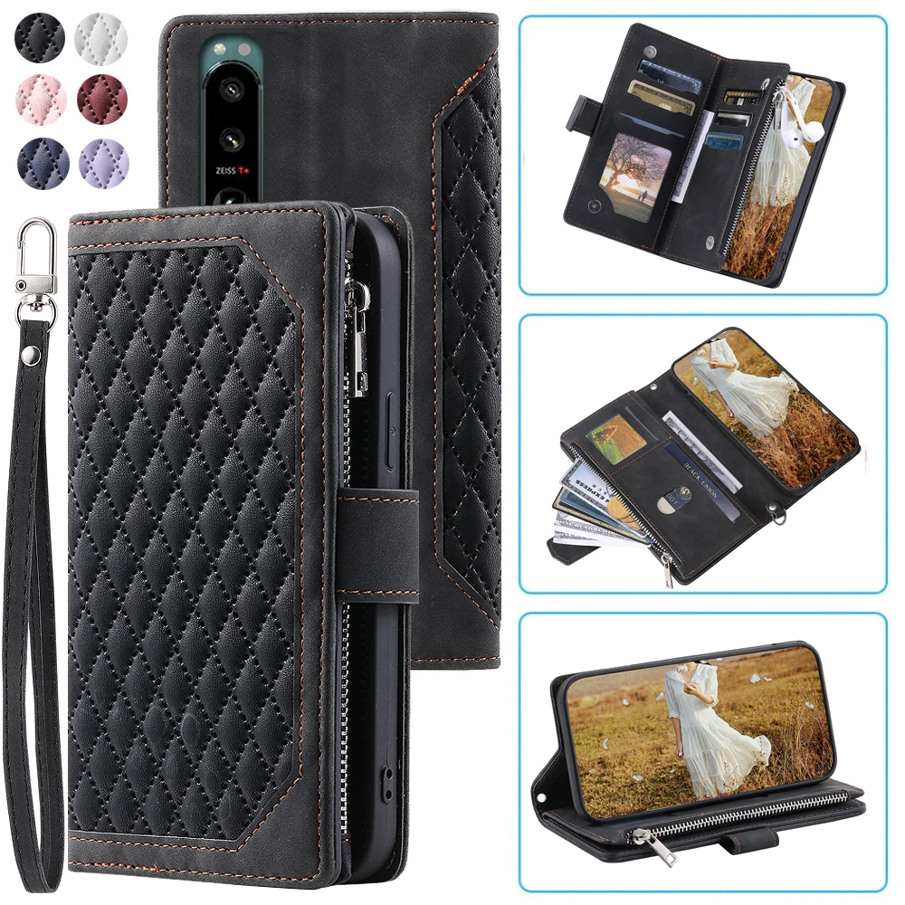 

Fashion Zipper Wallet Case For Sony Xperia 5 III Flip Cover Multi Card Slots Cover Phone Case Card Slot Folio with Wrist Strap