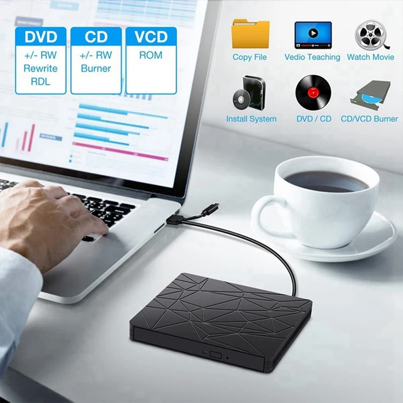 محرك أقراص DVD خارجي DVD CD-ROM محرك ذو واجهة مزدوجة محرك أقراص مضغوطة USB من النوع C