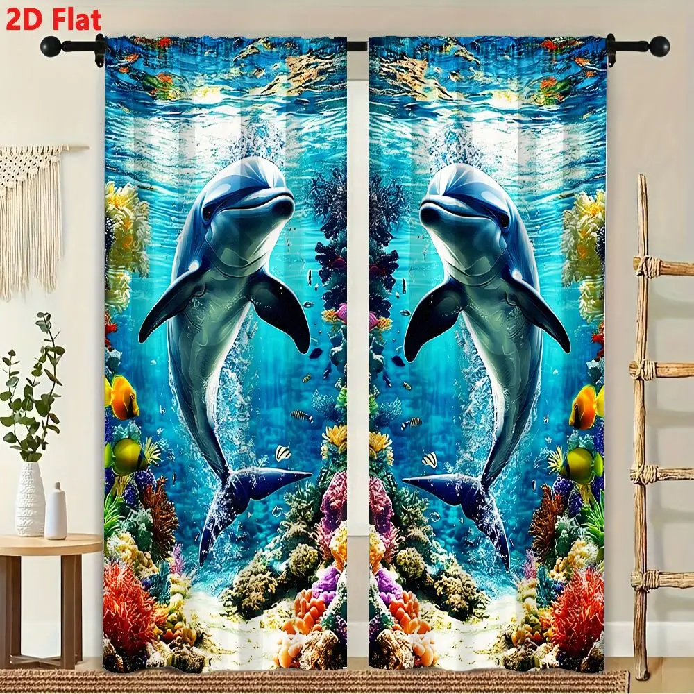 2Pcs Curtains 2D Flat Vibrant Underwater Scene With Two Symmetrical Dolphins Swimming Above Colorful Coral Reef And Tropical Fis 3