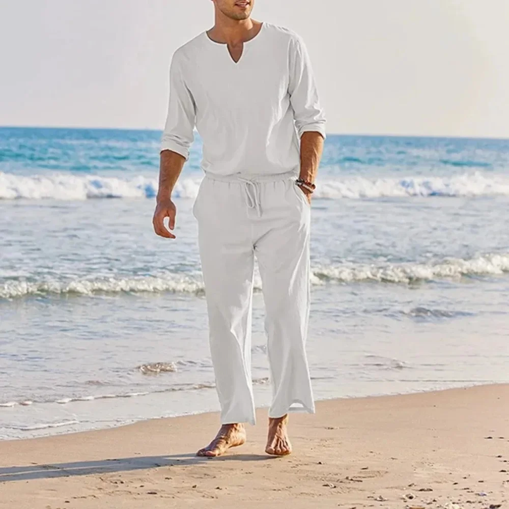 Ensemble deux pièces en coton et lin pour hommes, décontracté, ample, col en V, manches longues, hauts et pantalons, vêtements de plage, été