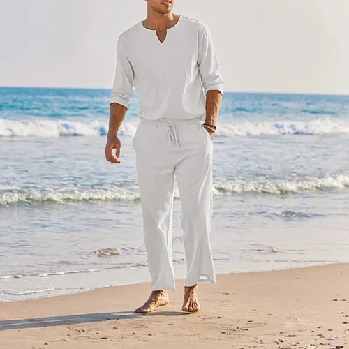 Imagen 1 del producto Conjunto informal de dos piezas de lino y algodón para hombre, Tops holgados de manga larga con cuello en V, trajes de pantalón, ropa de estilo playero para verano