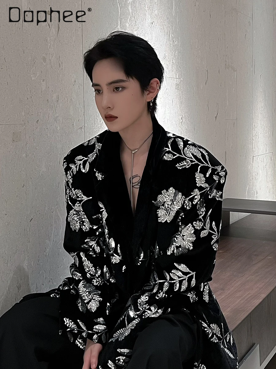 Street Personality Glitter Sequins Velvet Blazer Fashion Long Sleeve Heavy Industry Vintage Print Cross Neck Oversized Blazers