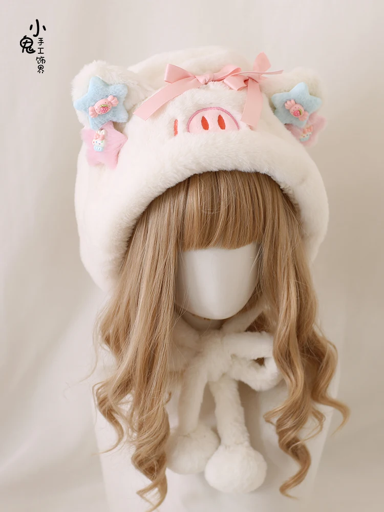 Piggy Soft and Adorable Sweet Cute Autumn and Winter Ushanka Handmade Toque Lolita Plush Bucket Hat